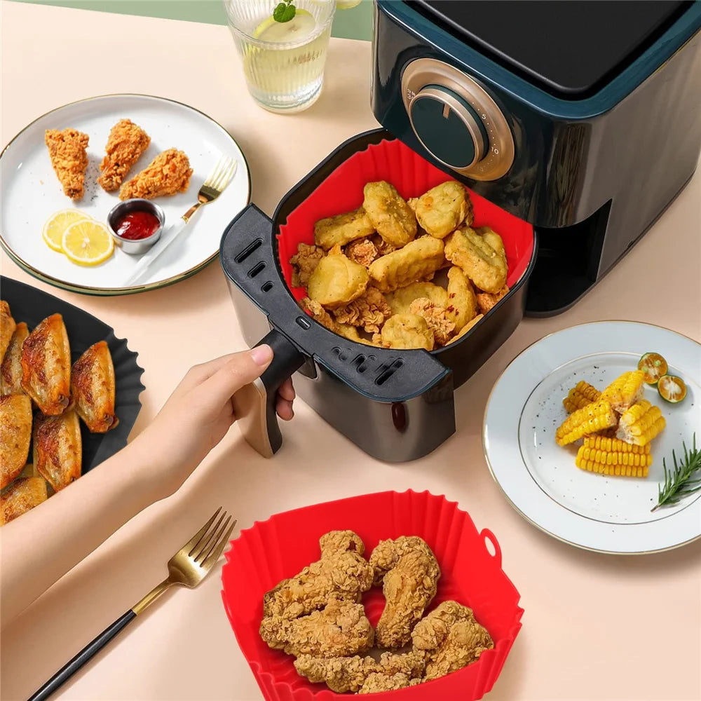 22cm Reusable Airfryer Pan Liner Accessories Silicone Air Fryers Oven Baking Tray Pizza Fried Chicken Airfryer Silicone Basket