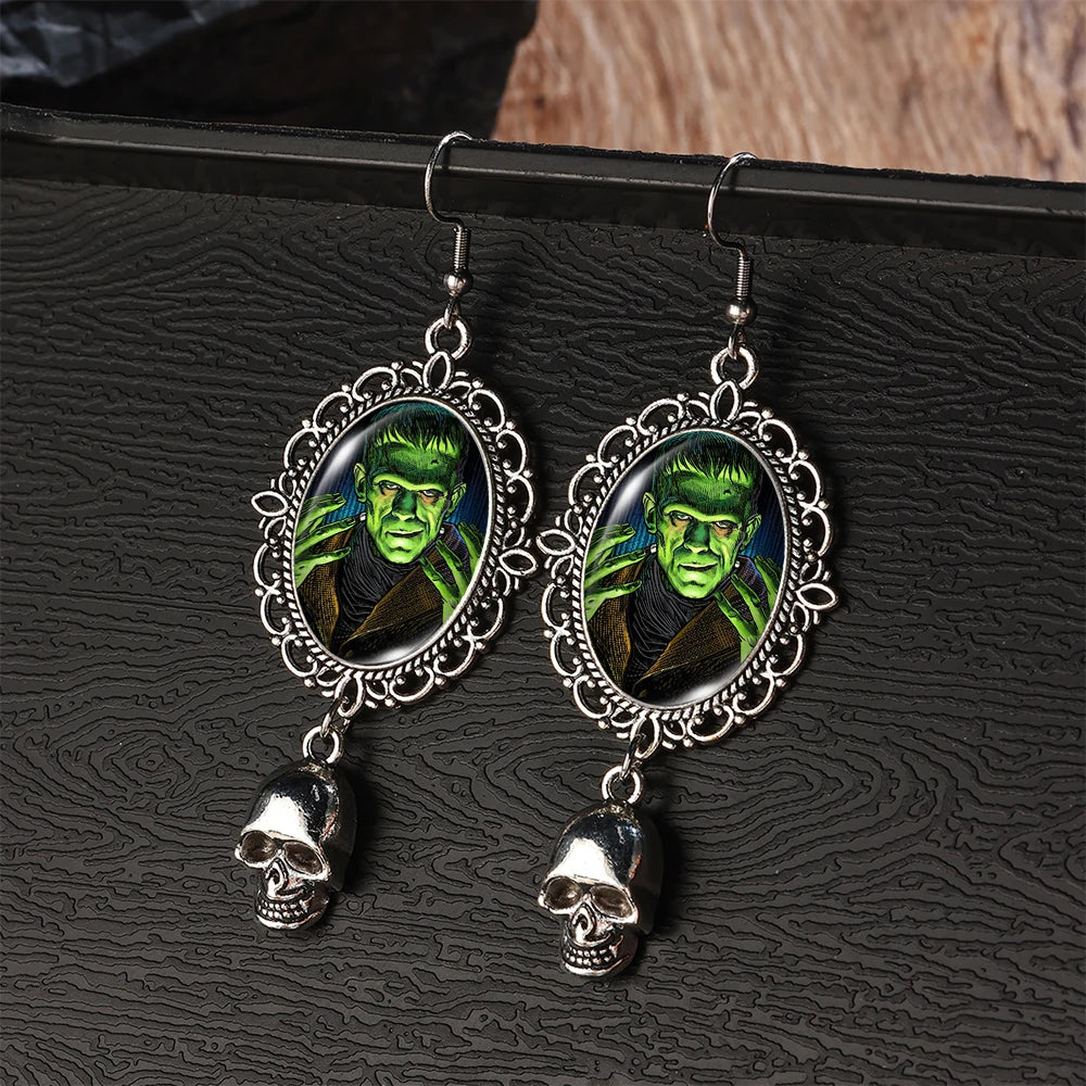 2024 New Arrival Fashion Halloween Frankenstein and His Bride Fish Hook Earrings Handmade Skeleton Dangles