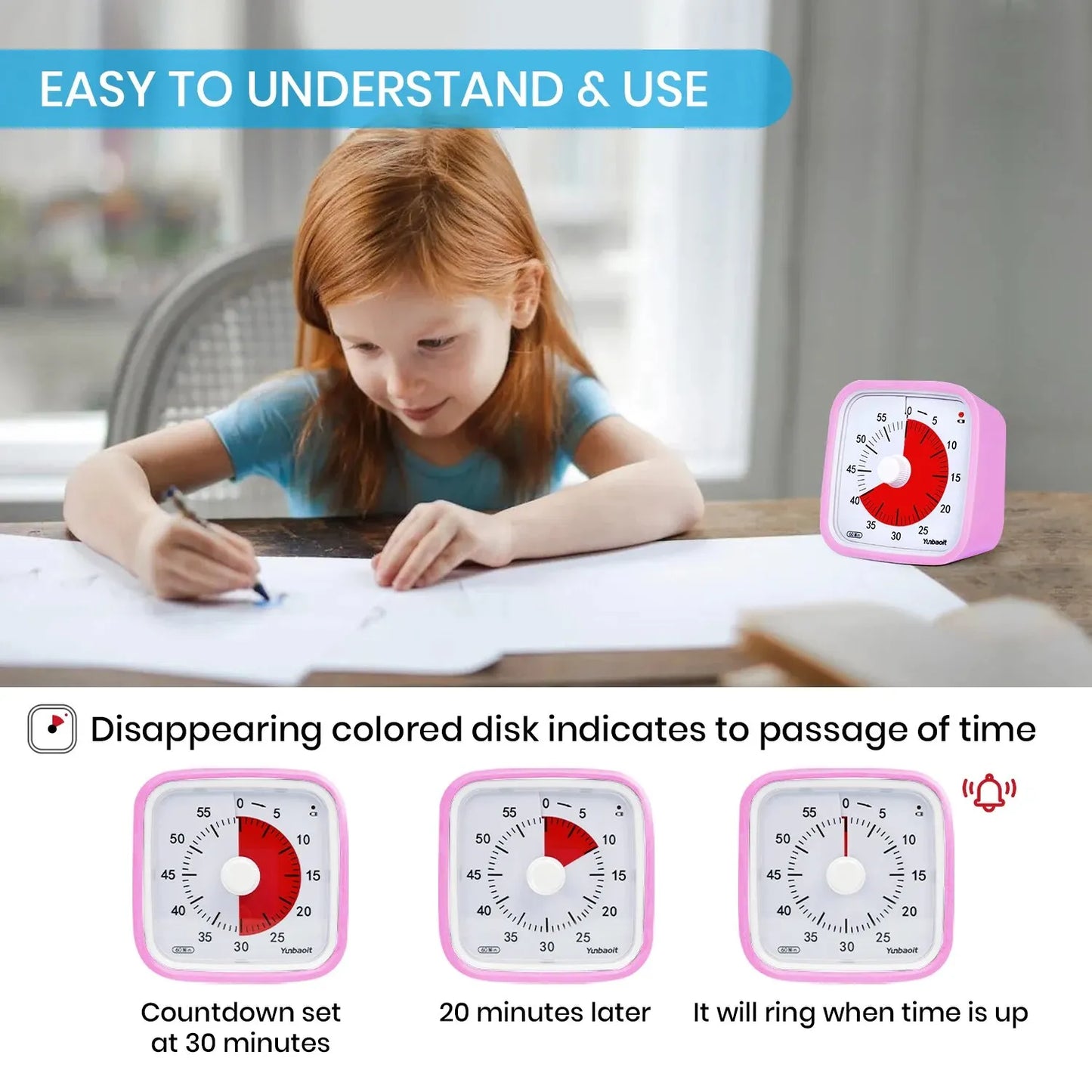 Yunbaoit VT01 Upgraded 60 Minute Visual Timer with Protective Case Silent Countdown Timer for Kids