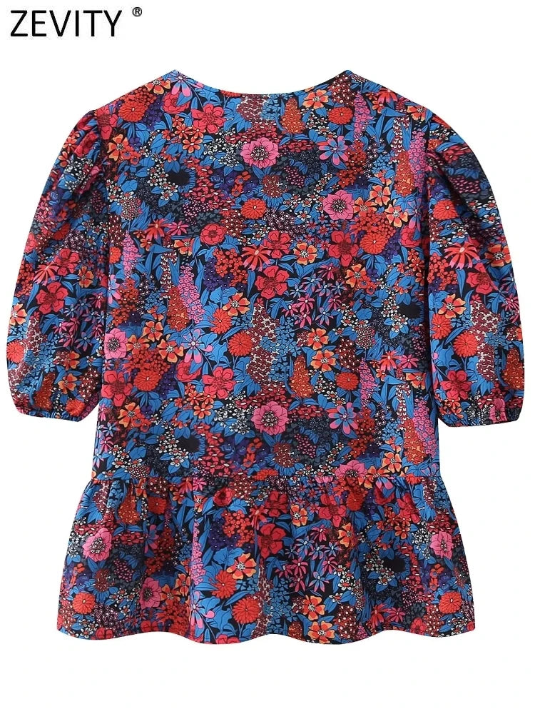 Zevity Women Fashion O Neck Puff Sleeve Floral Print Casual Blouse Office Lady Bow Tied Shirt Chic Chemise Blusas Tops LS263