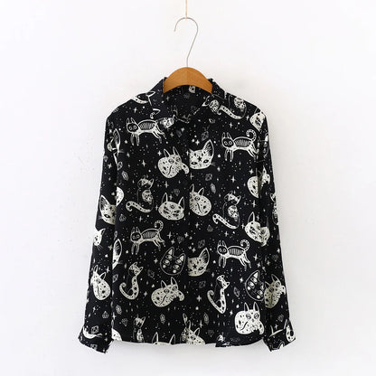 Spring Autumn Women's New Fashion Cat Printed Button Shirt Loose Design Satin Casual Collar Long Sleeve Top For Women