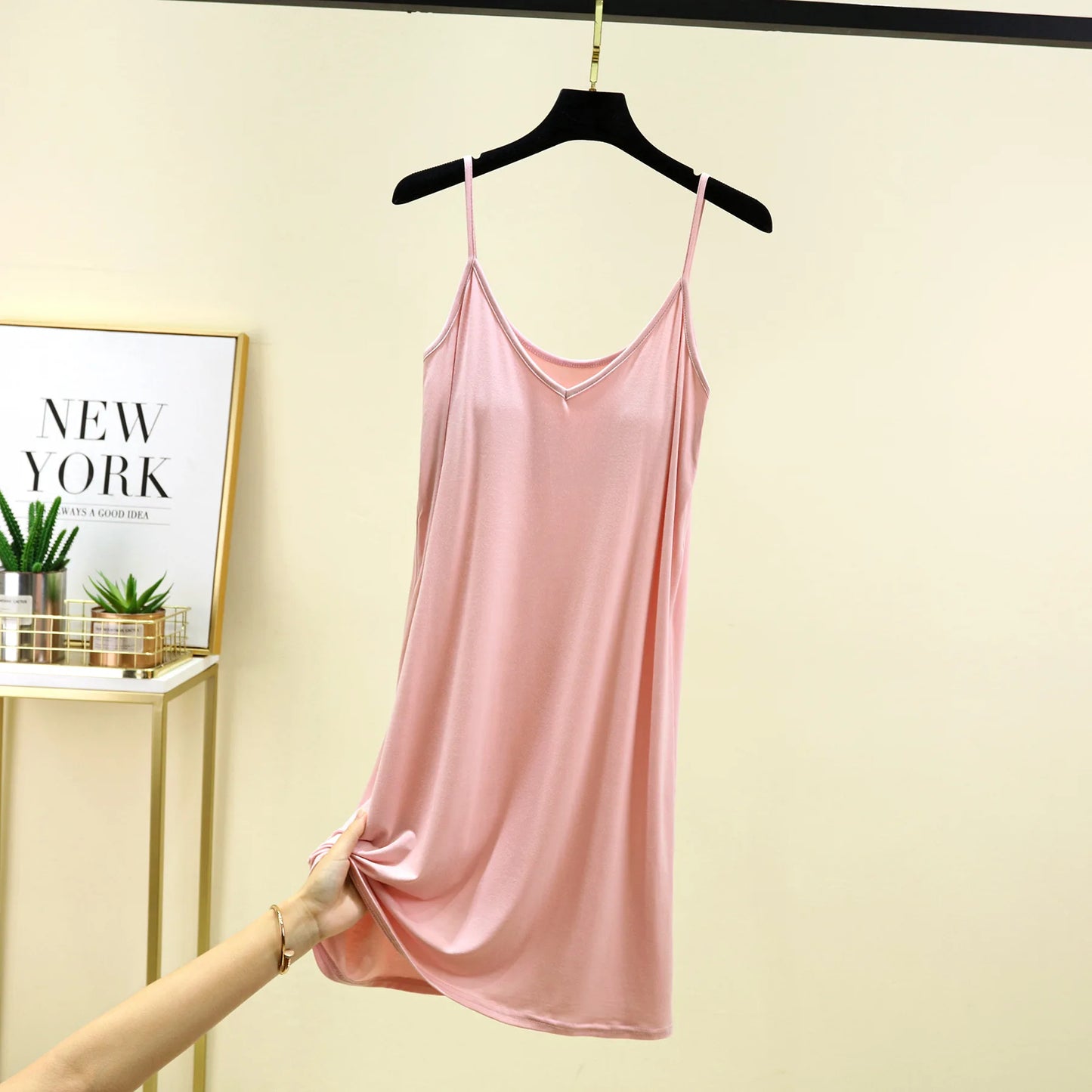 V-Neck Spaghetti Strap Dress Bra Padded Summer women's slipdress Solid color Camisole Homewear dresses Comfortable Sleepdress