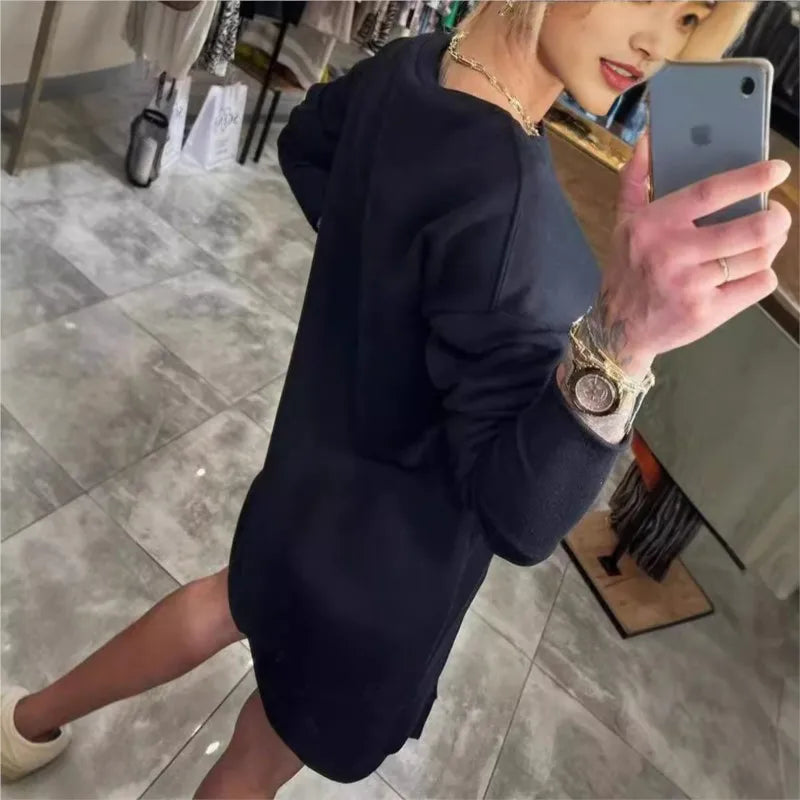 Fashion Off Shouder Metal Buckle Sweatshirt Dress Women New Solid Long Sleeve Hem Split Mini Dresses 2024 Autumn Trendy Dress