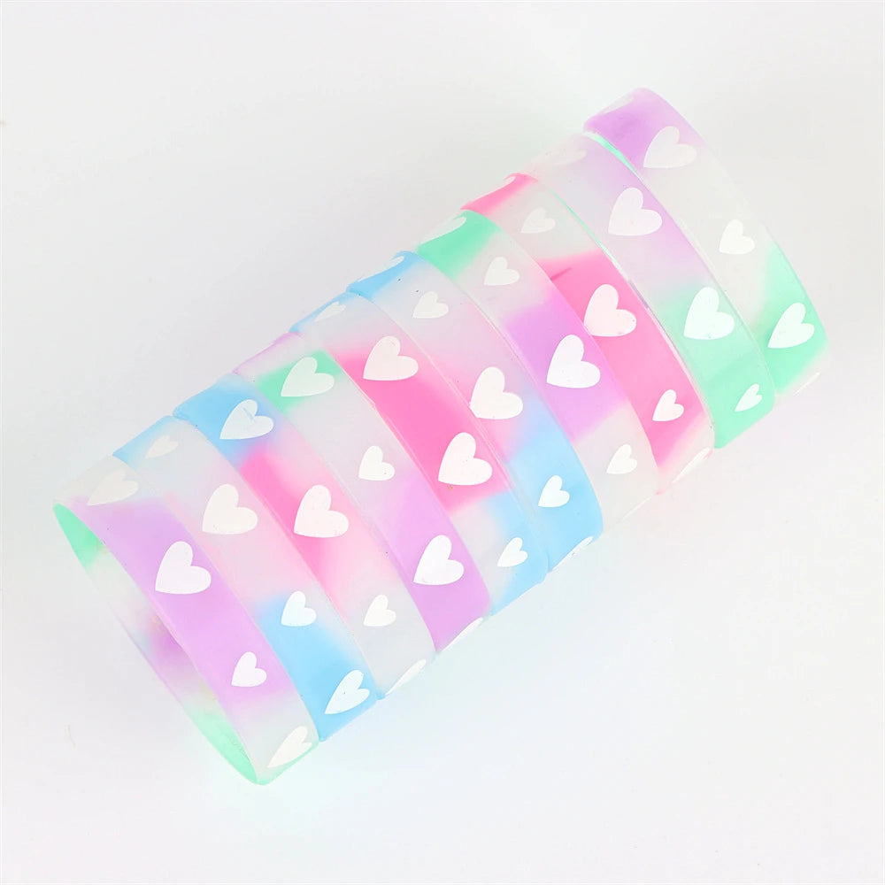 10Pcs/Lot Multicolor Luminous Heart Silicone Bracelets For Men Women Flower Sport Mix Style Rubber Wristband Bangle Jewelry Gift