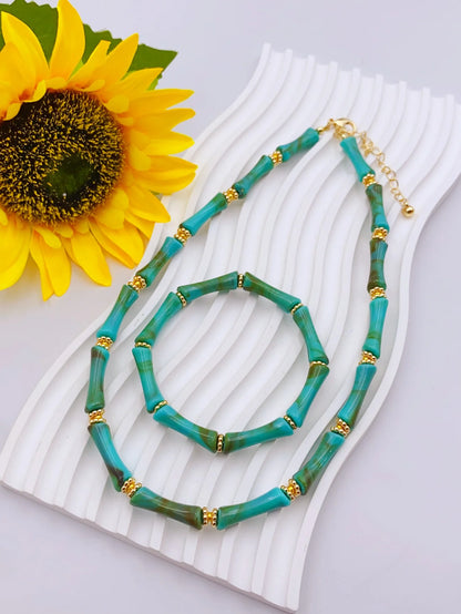 Colorful Handmade Elastic Bracelet and Necklace Set with Bamboo Acrylic Beads, Perfect for Women's Daily Wear jewelry for women