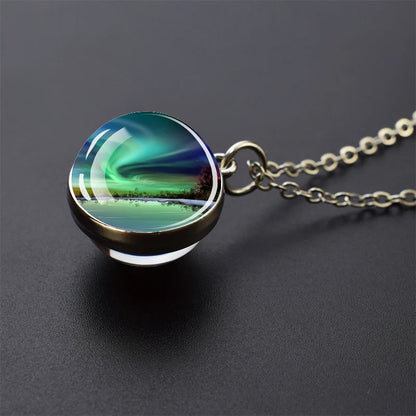 Aurora Borealis Necklaces Polar Light Life Tree Two Sided Pattern Glass Ball Pendant Chains Necklace for Women Men Jewelry Gift