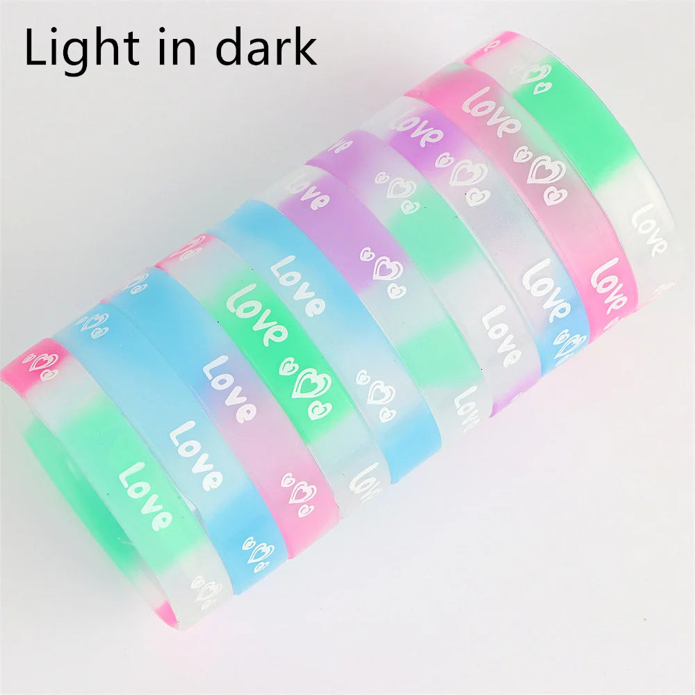 10Pcs/Lot Multicolor Luminous Heart Silicone Bracelets For Men Women Flower Sport Mix Style Rubber Wristband Bangle Jewelry Gift