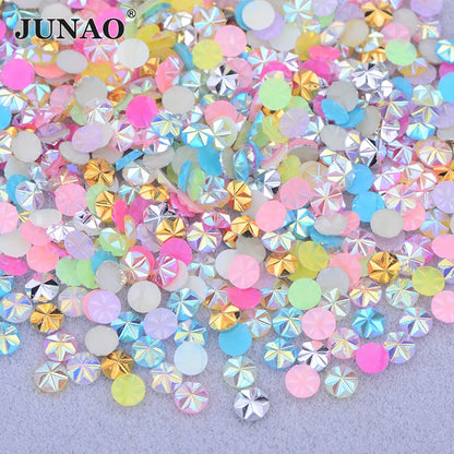 JUNAO 500pcs 5mm Purple AB Resin Flower Rhinestone Flatback Crystal Appliques Round Nail Stone Non Hotifix Strass Stickers