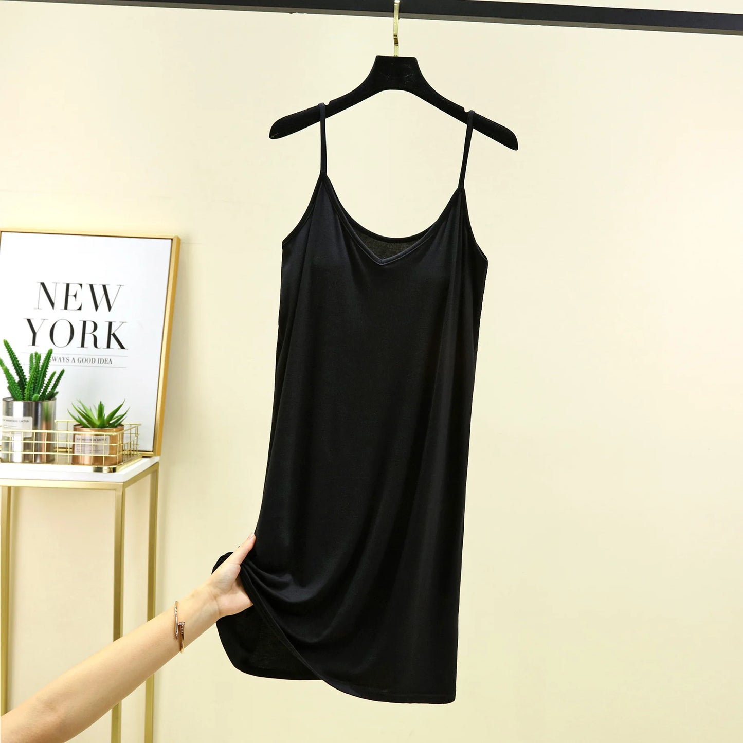 V-Neck Spaghetti Strap Dress Bra Padded Summer women's slipdress Solid color Camisole Homewear dresses Comfortable Sleepdress