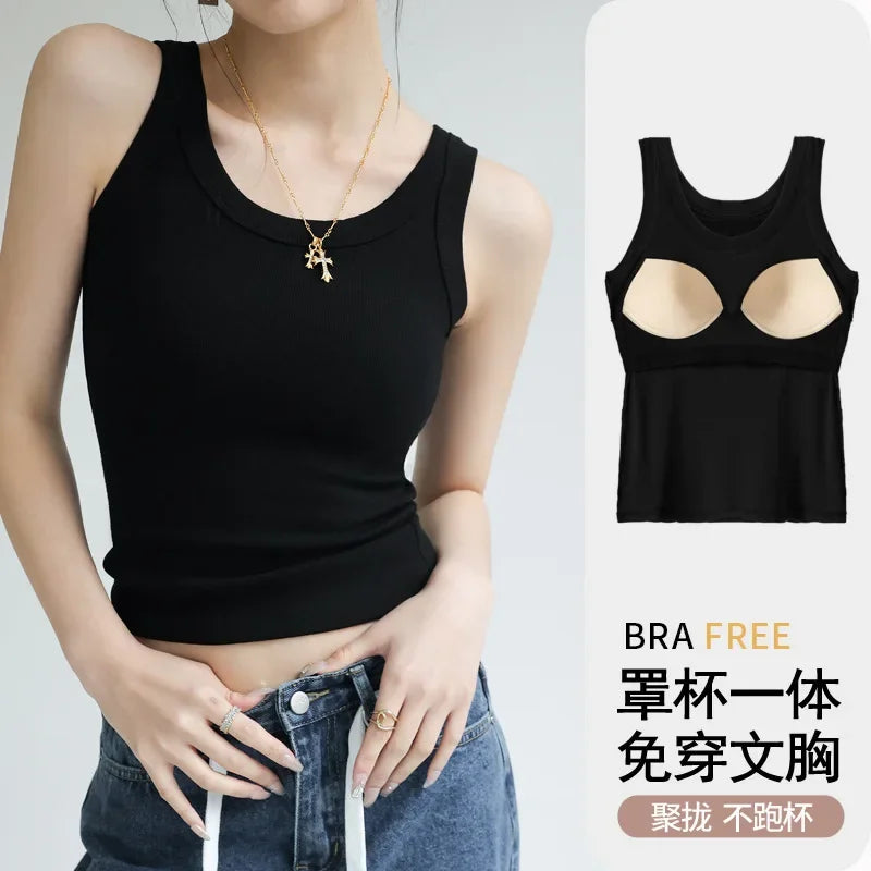 2024 New Women Solid Round Neck Ribbed Tank Top Camisole Women Summer Basic Elastic TankTop One-piece Vest with Chest Pad Y2k