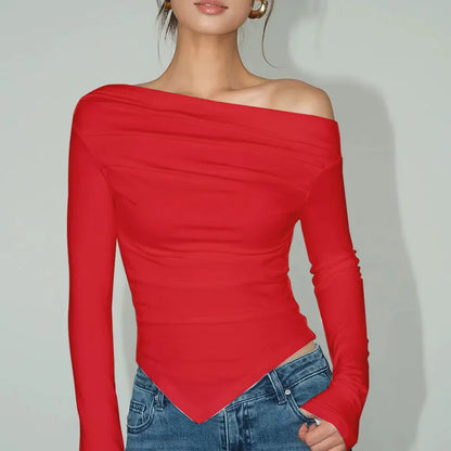 Women's T-shirt Autumn New Red Sexy Off Shoulder Slim Tees Long Sleeves Fashion Streetwear Pullover Asymmetrical Female T-shirt