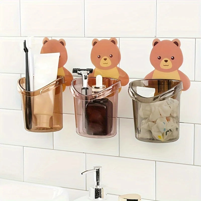 2pcs Cute Bear Pattern Wall Mounted Toothbrush Storage Rack Bathroom Multifunctional Toothbrush Container Bathroom Accessories