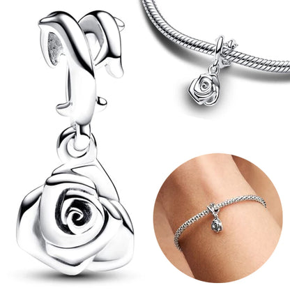 Silver Colour Rose in Bloom Dangle Charm Fit Pandora Charms Silver Colour Original Bracelet for Jewelry Making