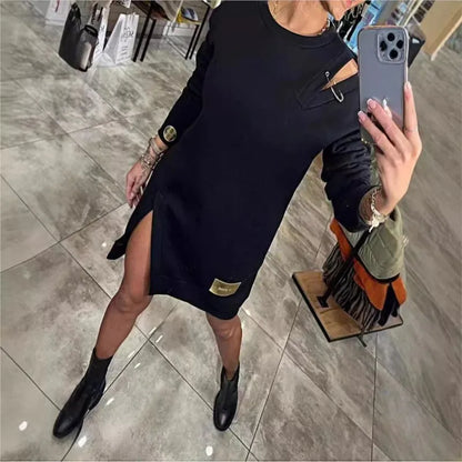 Fashion Off Shouder Metal Buckle Sweatshirt Dress Women New Solid Long Sleeve Hem Split Mini Dresses 2024 Autumn Trendy Dress