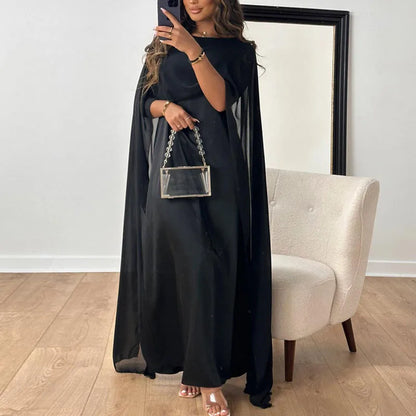 New Elegant Women Big Hem Long Dress Casual O Neck Solid Color Chiffon Loose Dress Muslim Ladies Shawl Sleeve Evening Dress Robe