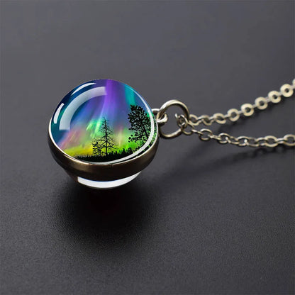 Aurora Borealis Necklaces Polar Light Life Tree Two Sided Pattern Glass Ball Pendant Chains Necklace for Women Men Jewelry Gift