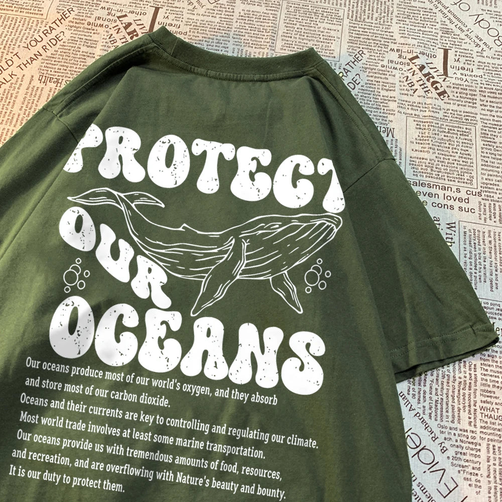 Protect Our Oceans Whale Landing Clothing Men Summer New T-Shirts Vintage Loose Half Sleeves Personality Oversize T-Shirts Women