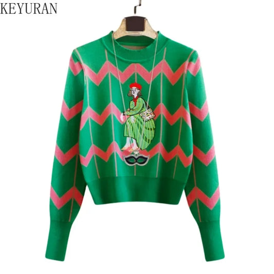 Vintage Cartoon Embroidery Sequins Knit Pullover Sweater Women Spring Autumn O-Neck Fashion Contrast Color Kntiwear Tops Jumper