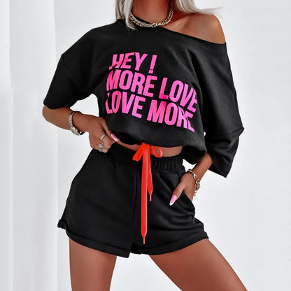 Print Letter Two Piece Sets Women Round Neck Tops Short Sleeve Lace Up Elastic Waist Loose Casual Shorts Pants Set Splice