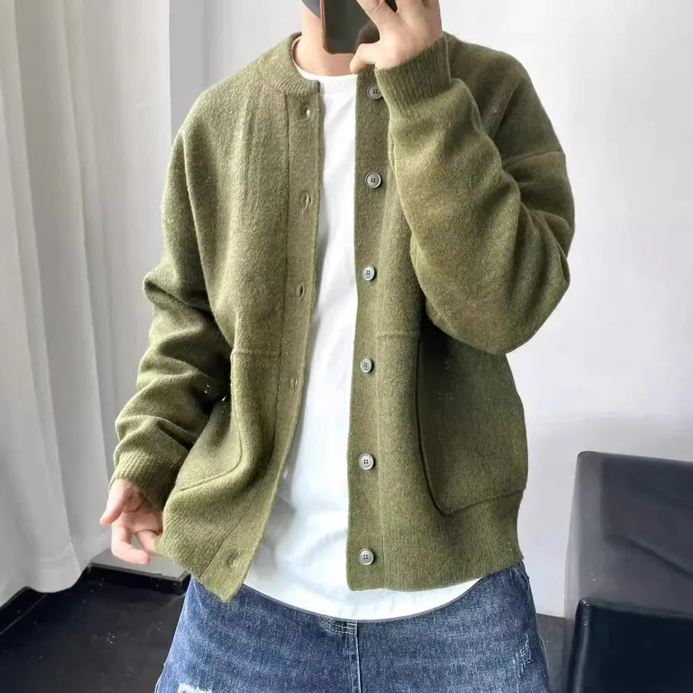 Japanese Style Men's Cardigan Sweater Knitted Top Round Neck Jacket Simple Loose-fit Thickened Casual Pullover Sweater Jacket