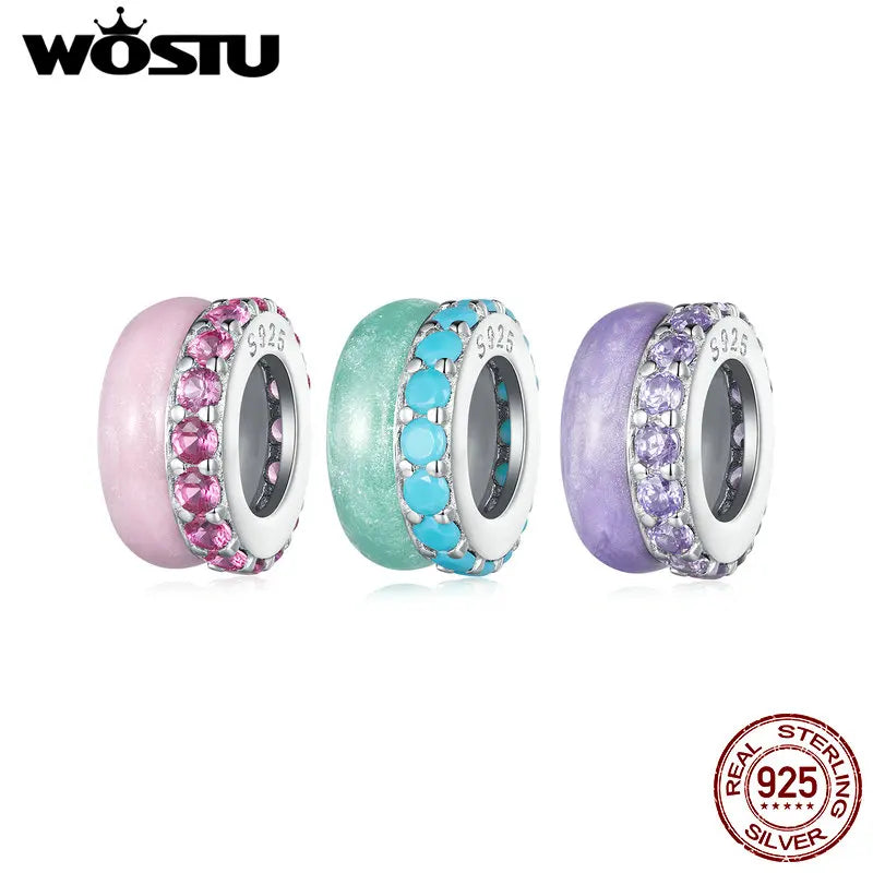 WOSTU 925 Sterling Silver Blue Pink Purple silica Spacer Bead Candy Charms With Shiny Zircon Fit Original Bracelet DIY Necklace