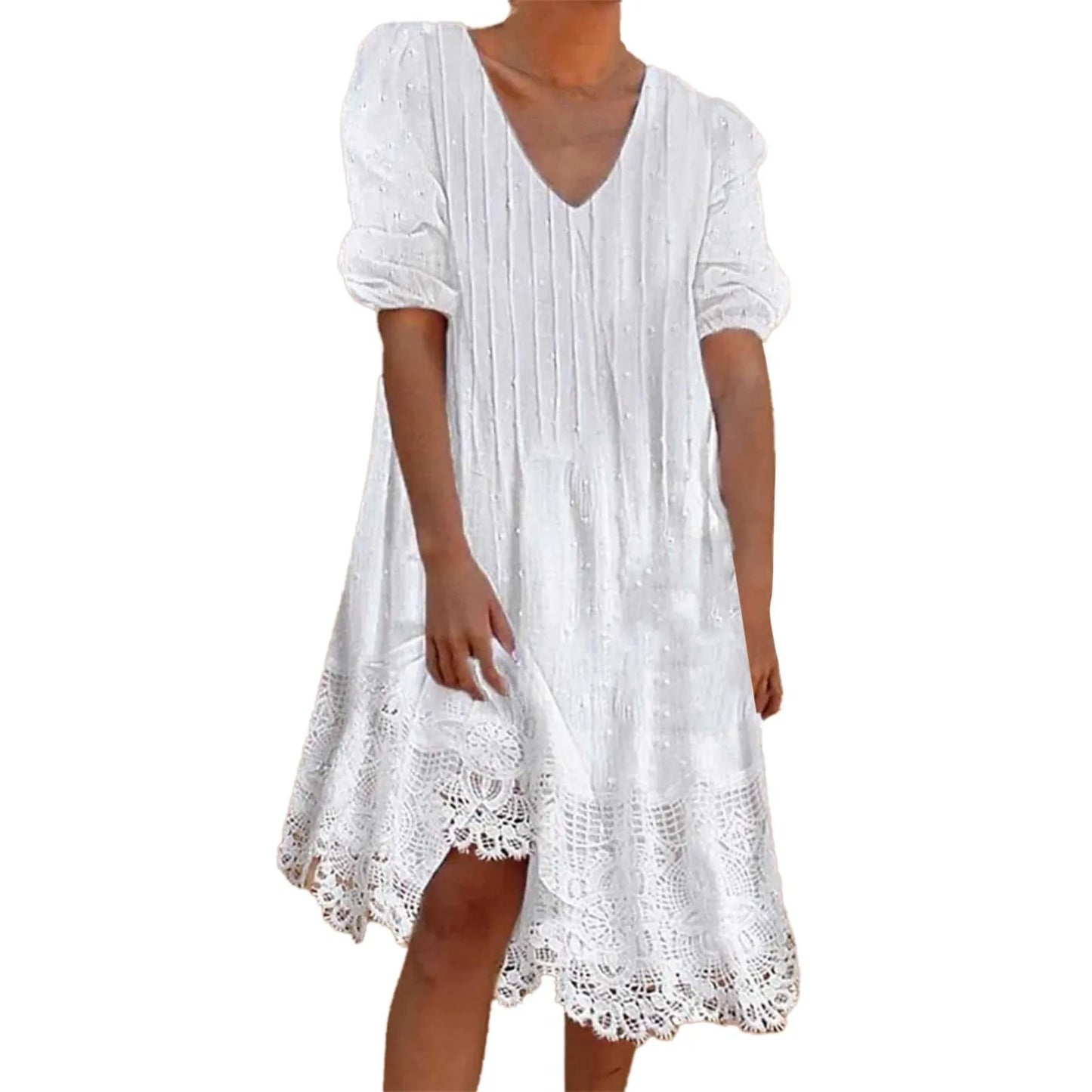 Elegant Chic Dress Women'S Lace Summer Casual White Dress Spring Lace Polka Dot Short Sleeve Dress Cotton Dress платье женское