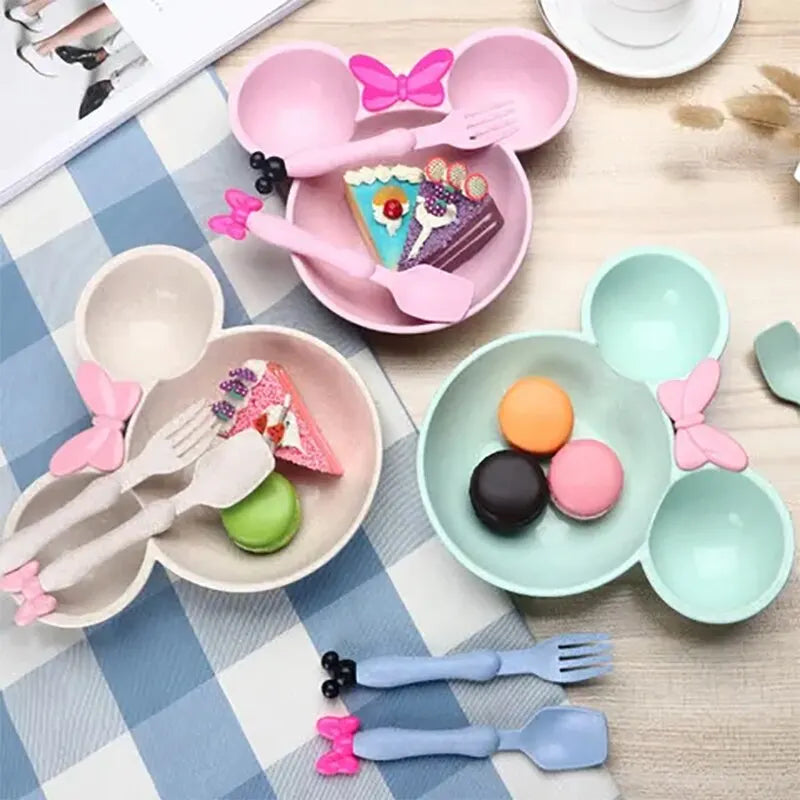 3Pcs/set Cartoon Baby Bowl Tableware Set Wheat Straw Children's Dishes Kids Dinner Feeding Plate Bowknot Food Plate Spoon Fork