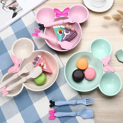 3Pcs/set Cartoon Baby Bowl Tableware Set Wheat Straw Children's Dishes Kids Dinner Feeding Plate Bowknot Food Plate Spoon Fork