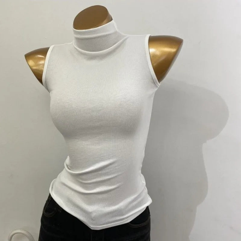 Turtleneck Sleeveless Tank Tops Women Ulzzang Solid Casual Fashion Feminine Popular Comfortable Summer Simple All-match Korean