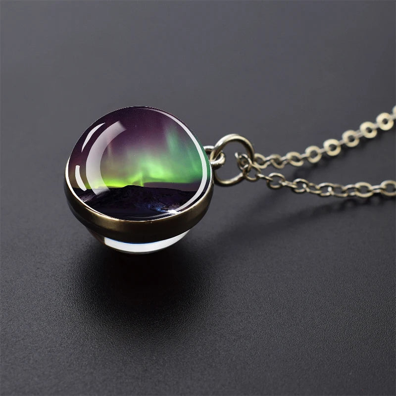 Aurora Borealis Necklaces Polar Light Life Tree Two Sided Pattern Glass Ball Pendant Chains Necklace for Women Men Jewelry Gift