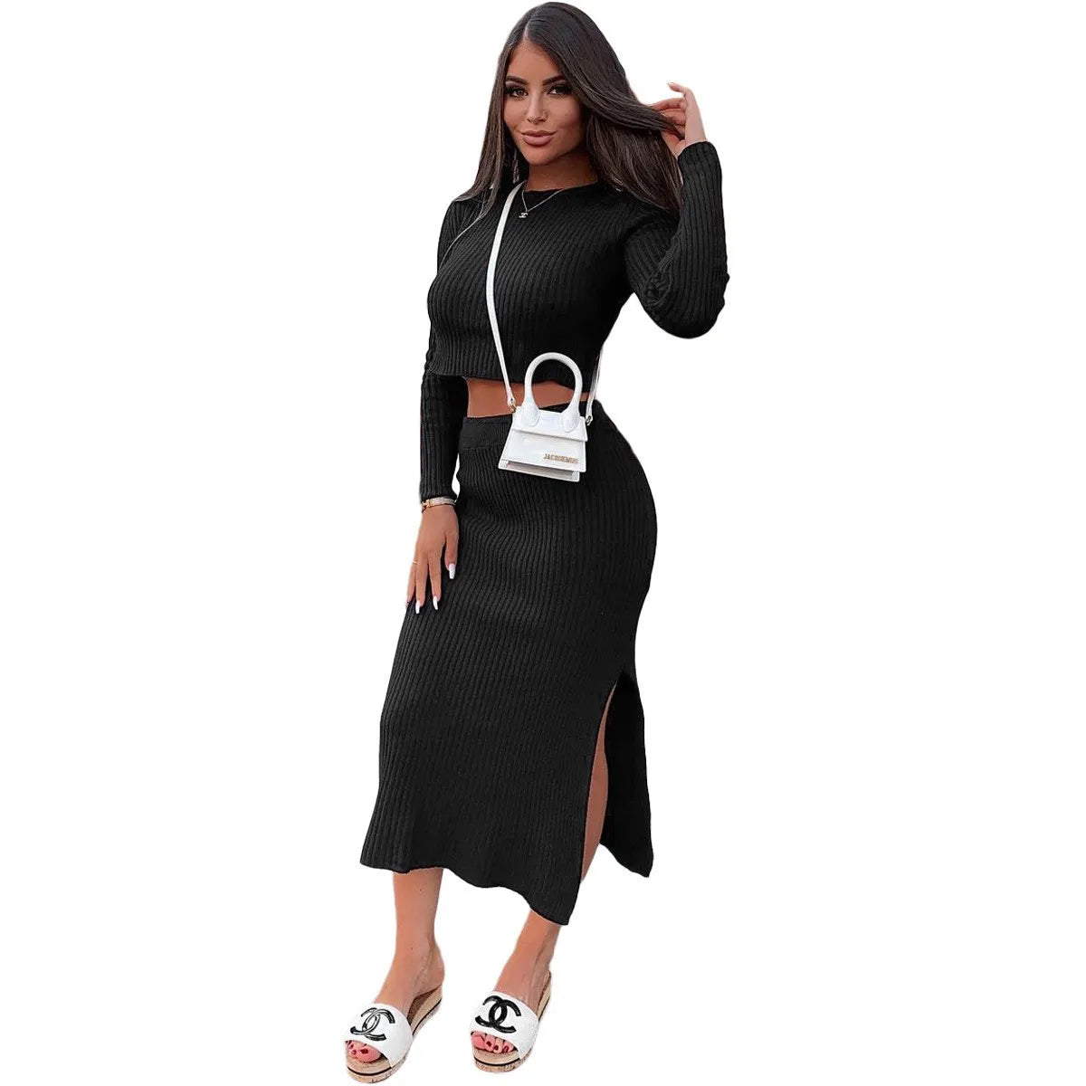 Knitted Skirts Two Piece Sst Women Solid Color Cropped Top Bodycon High Waist Slit Skirt Sets Ladie Fashion Commuting Autumn New