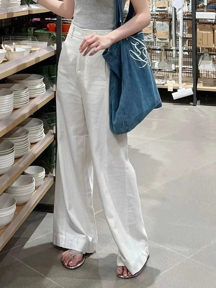 Early Spring New Style White Cotton Linen Wide Leg Pants High Waist Drooping Slimming Straight Casual Pants Women's Clothing