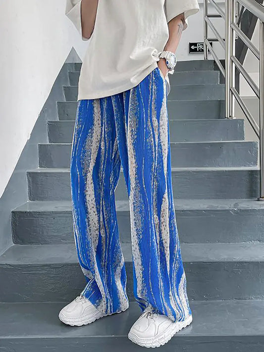 Streetwear Tie-Dye Ice Silk Summer Baggy Wide Leg Oversize Pants Men Japenese Harajuku Straight Long Trousers Korean Popular