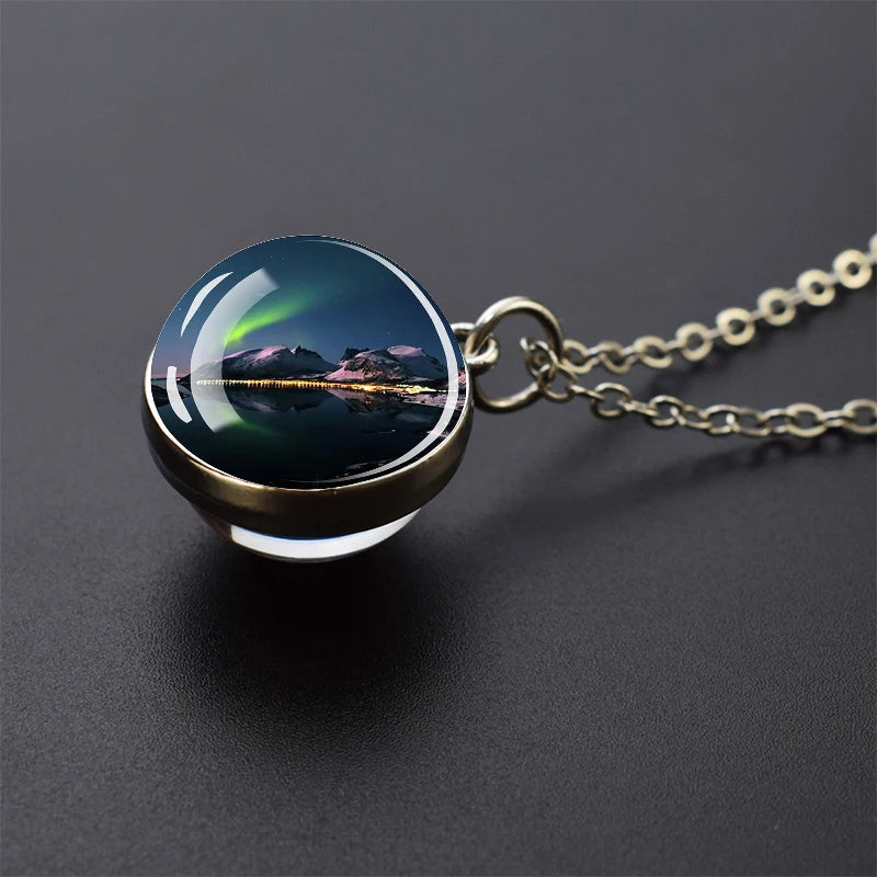 Aurora Borealis Necklaces Polar Light Life Tree Two Sided Pattern Glass Ball Pendant Chains Necklace for Women Men Jewelry Gift