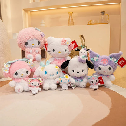 Kawaii Sanrio Plush Doll Flower series Hello Kitty Kuromi Plush Stuffed Doll Cute Cinnamoroll Melody Plush Pendant Kid Xmas Gift