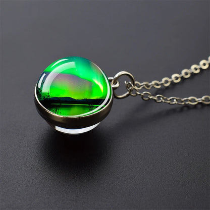 Aurora Borealis Necklaces Polar Light Life Tree Two Sided Pattern Glass Ball Pendant Chains Necklace for Women Men Jewelry Gift