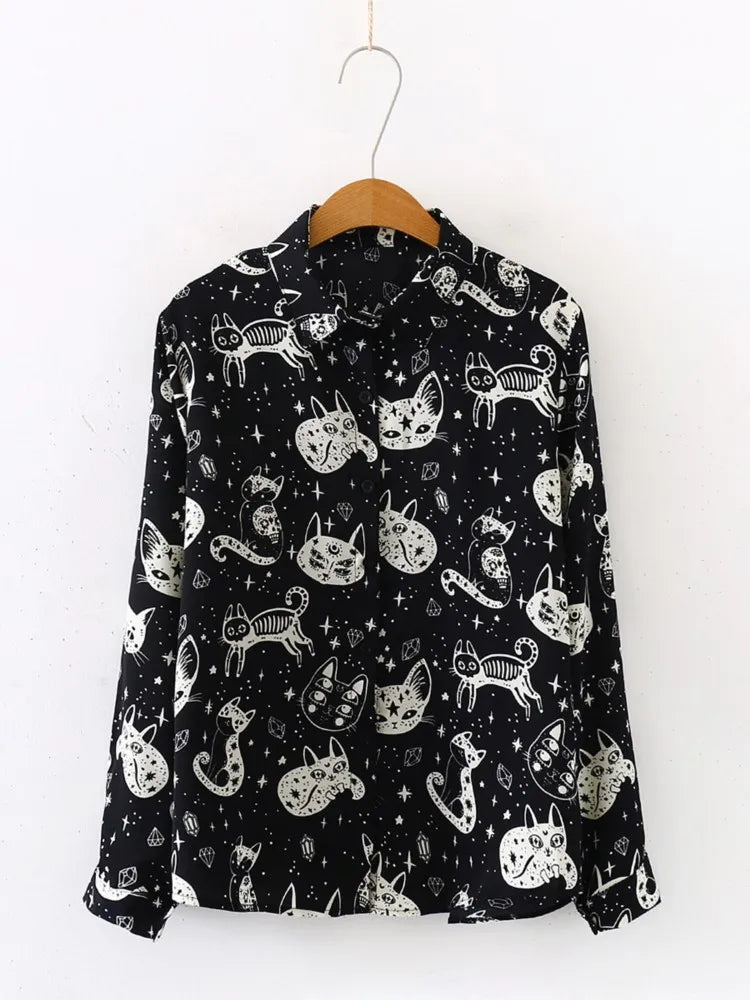 Spring Autumn Women's New Fashion Cat Printed Button Shirt Loose Design Satin Casual Collar Long Sleeve Top For Women