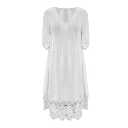 Elegant Chic Dress Women'S Lace Summer Casual White Dress Spring Lace Polka Dot Short Sleeve Dress Cotton Dress платье женское