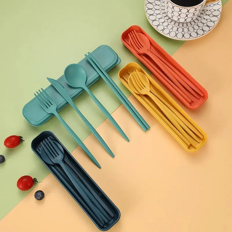 4-piece Portable Utensils, Healthy Eco-Friendly Wheat Straw Cutlery, Reusable Chopstick Fork Knife Spoon Set