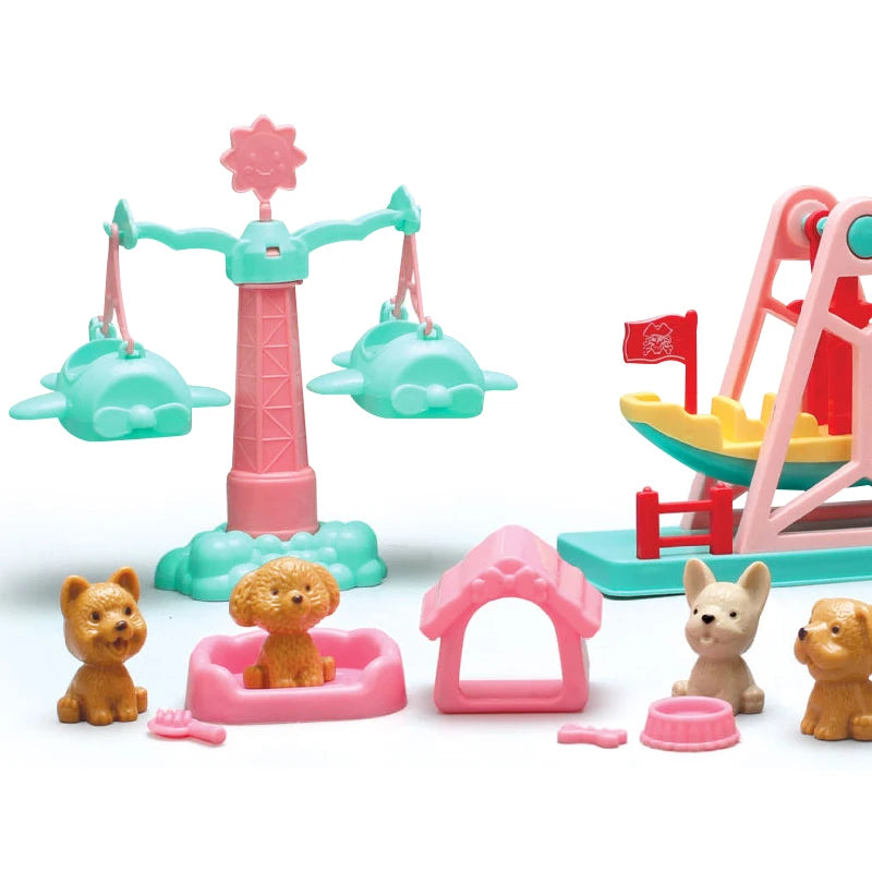 Kids Pretend Play Toys Simulation Amusement Park Children's Pet Dog Cat Mini Park Toy Set DIY Play House Gift For Girl