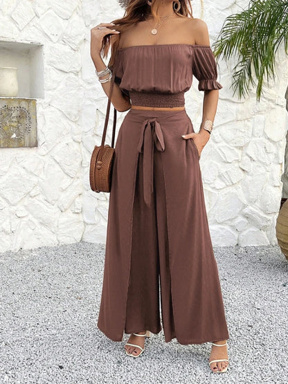 Sexy Elegant Temperament Solid Color Crop Top Wide Leg Pants Set New Fashion 2024 Summer Casual Womens Two Piece Sets Outfit