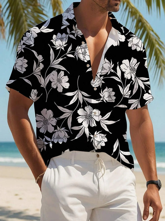 Men's Plant Print Vacation Style Short Sleeve Button-Down Shirt Outdoor Vacation Beach Summer Turndown Tee Spandex Hawaii Shirts