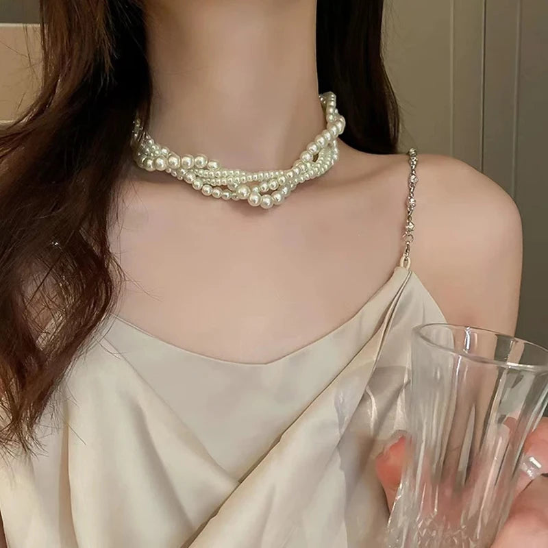 Charm Fashion White Twining Pearl Choker Necklaces For Women Geometric Necklaces Weddings Bride Jewelry Accessories