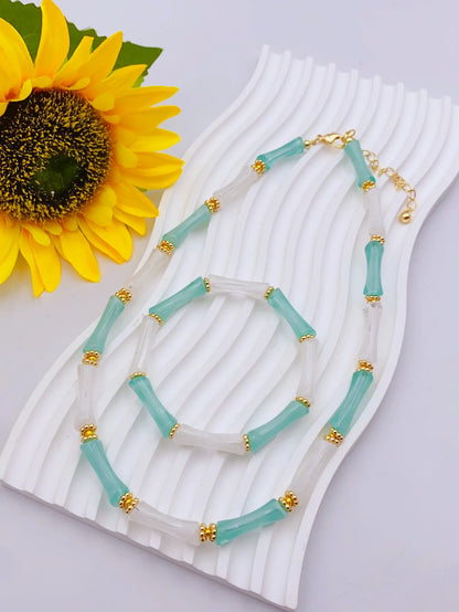 Colorful Handmade Elastic Bracelet and Necklace Set with Bamboo Acrylic Beads, Perfect for Women's Daily Wear jewelry for women