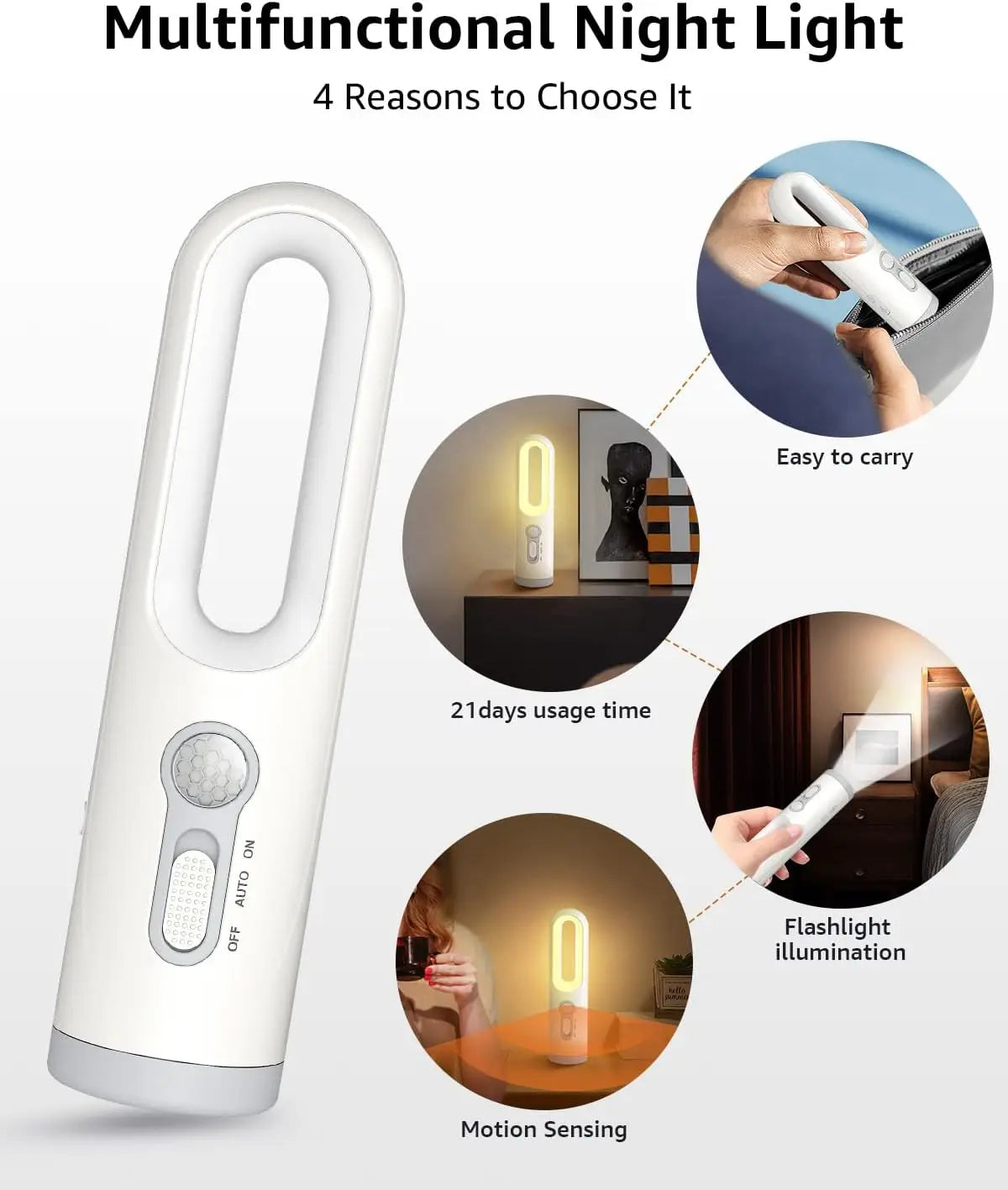 LED Motion Sensor Night Light 2 in 1 Portable Flashlight with Dusk to Dawn Sensor for Bedroom, Bathroom, Reading, Camping