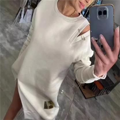 Fashion Off Shouder Metal Buckle Sweatshirt Dress Women New Solid Long Sleeve Hem Split Mini Dresses 2024 Autumn Trendy Dress