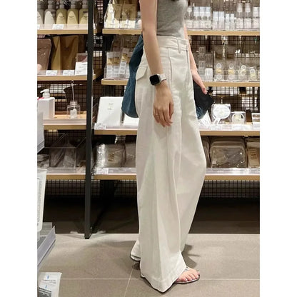 Early Spring New Style White Cotton Linen Wide Leg Pants High Waist Drooping Slimming Straight Casual Pants Women's Clothing