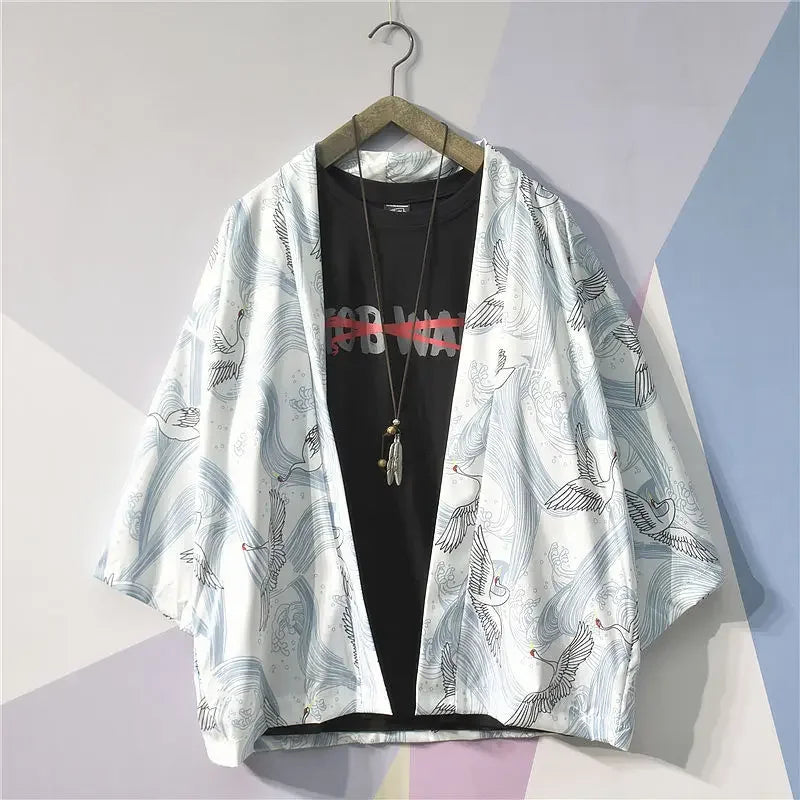 Prowow Spring Men Loose Hong Kong Style 3/4 Sleeve Kimono Traditional Male Kimono Cardigan Men Harajuku Streetwear Male