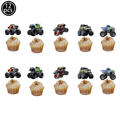 Monster Truck Happy Birthday Cake Topper Racing Car Black And White Checkered Flag Cake Decor Monster Truck Party Supplies