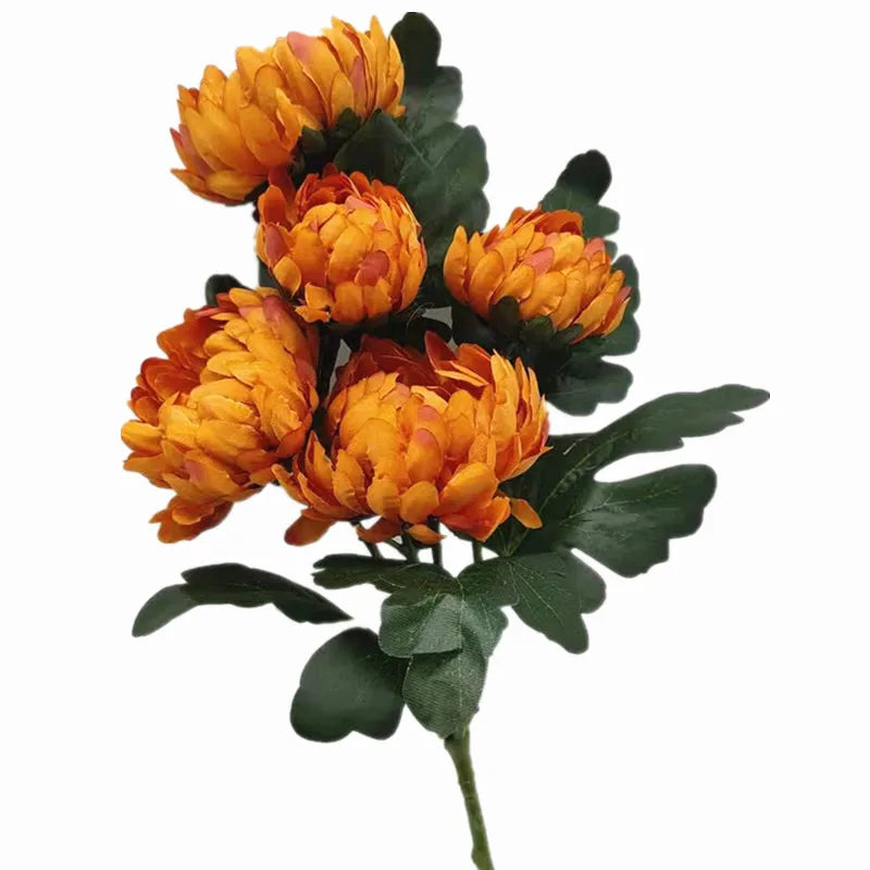 One Artificial Chrysanthemum 5 Heads Yellow Orange White Silk Pineapple Chrysanthemum Flower